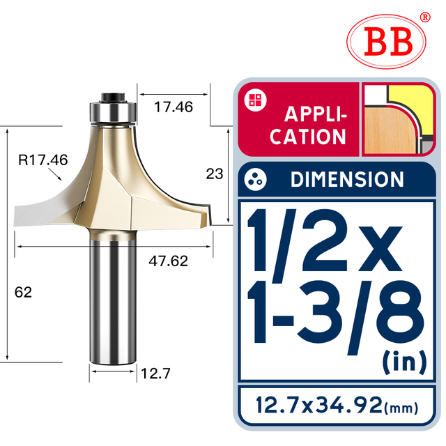 BB Corner Rounding Router Bit Concave Milling Cutter with Parallel Shank 1/2 1/4 Inch Woodworking Tool Round Edge Trimmer