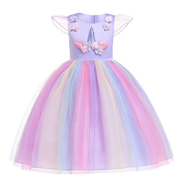 New Girls' Rainbow Unicorn Dress, Girls' Rainbow Unicorn Dress for Party Birthday