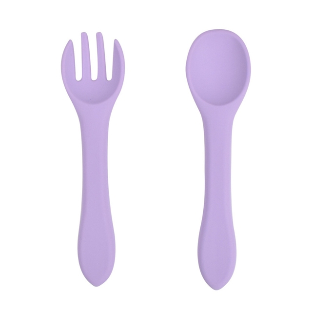 2pcs Baby Soft Silicone Fork Spoon Set Feeding Dishes Toddler Toddlers Infant Feeding Accessories Silicone Tableware