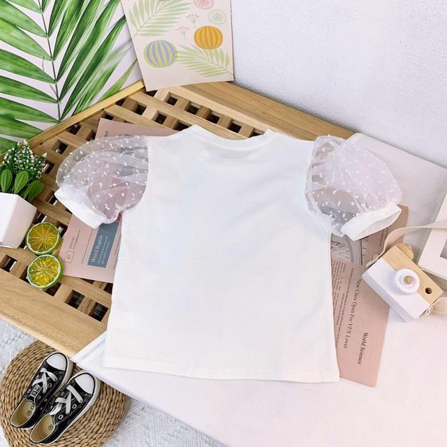 Fashion Summer Baby Girl Cotton T-Shirt Puff Sleeve Toddler Girl Pincess Lace Shirt Short Sleeve Round Neck Tee Solid Blouse