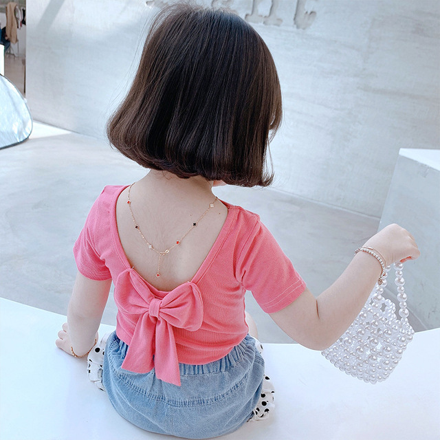 Children T-shirt for Girls Clothes Short Sleeve Back Bow-knot Baby Shirt Cotton 2022 Summer Solid Kids Clothes