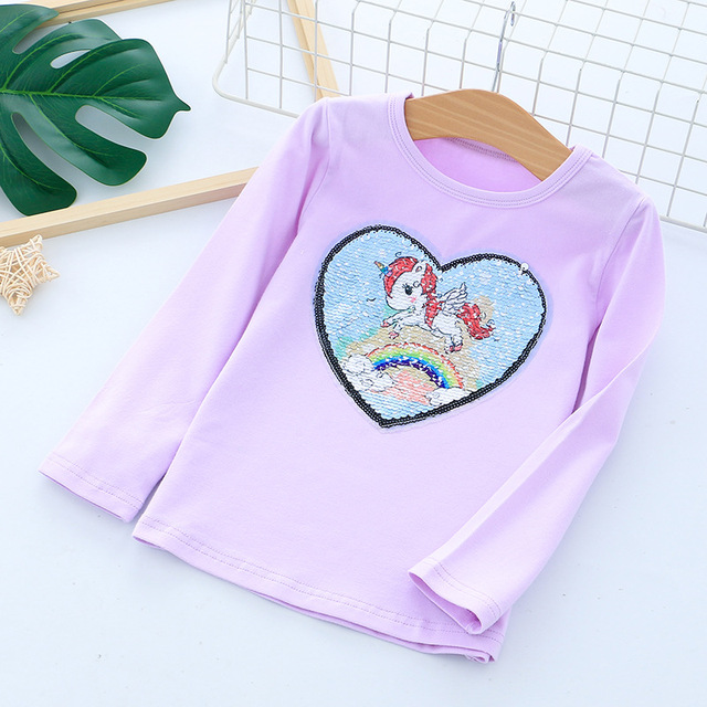 Long Sleeve Children Kids Girls T-shirt Unicorn Sequin Cotton Tops Tees Tops Fashion Girls Clothes