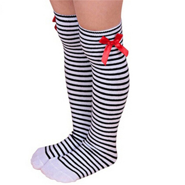 Kids Winter Warm Knee High Christmas Stockings Girls Striped Boot Bowknot Stocking White Black Gray Christmas Gifts Stocking