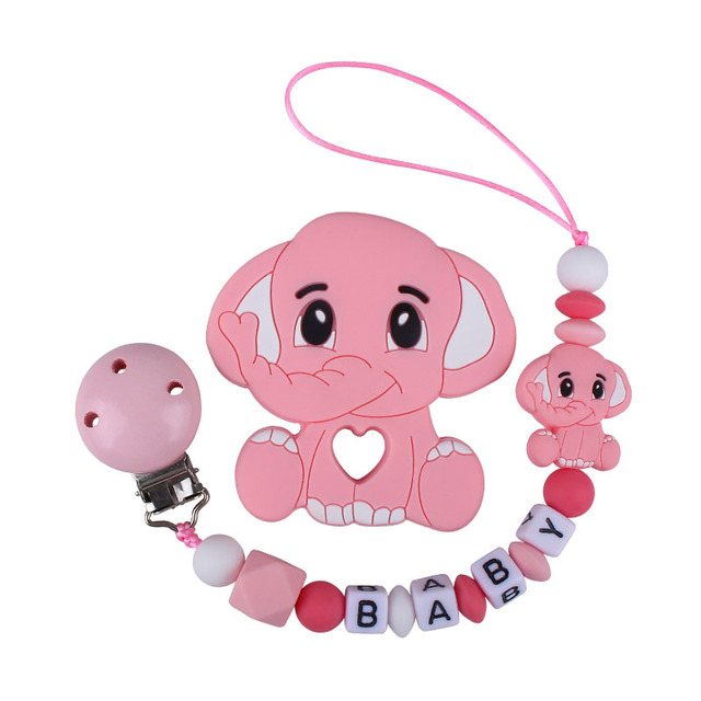 Customized Name Newborn Infant Baby Pacifier Clips Chain Elephant Silicone Beads Toy Teether Toy Doll Baby Holder Pacifier Chain