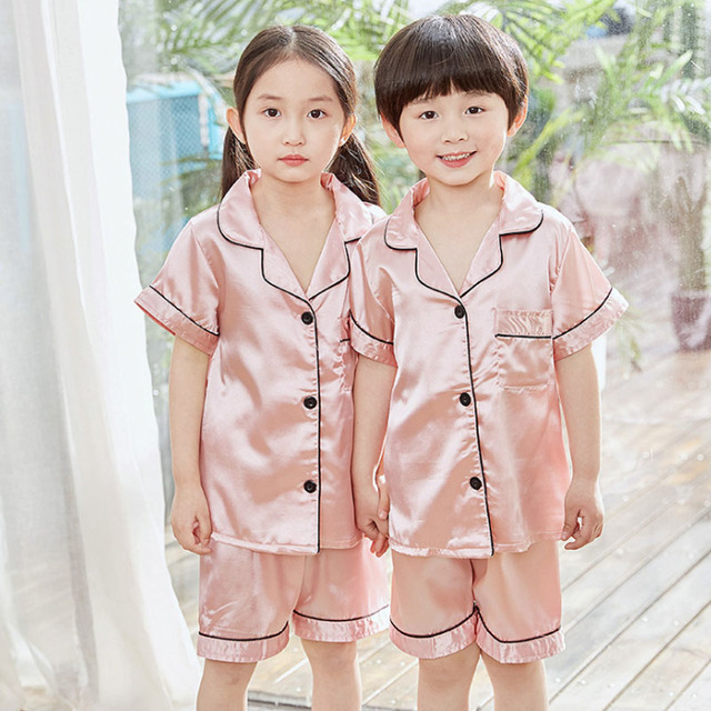 Silk Pajamas for Girls Boy Pajama Sets Summer Autumn Satin Long Sleeve Fashion Gray Pajama Toddler Kid Pajama Sleepwear Suit 3-14Y