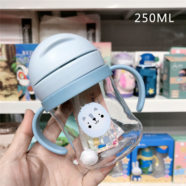 250ml Cartoon Style Outdoor Baby Drinking Bottle With Straw Baby Feeding Cup For Kids Training Portable Handle Water Bottle