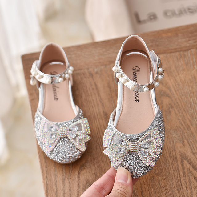 Girls Sequins Lace Bow Kids Shoes Girls Cute Pearl Princess Dance Single Casual Shoes 2021 New Children Party Wedding Shoes