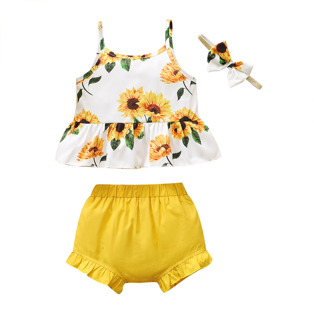 Baby Summer Clothes 0-3Y Baby Kids Baby Girls Clothes Yellow Sunflower Tops T-shirt Floral Bow Pants 3pcs Outfits Set