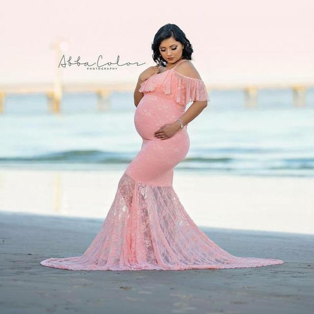 Elegant Maternity Dress Photography Maxi Maternity Dress Women Off Shoulder Spaghetti Strap Ruffles Mermaid Lace Gown Clothes