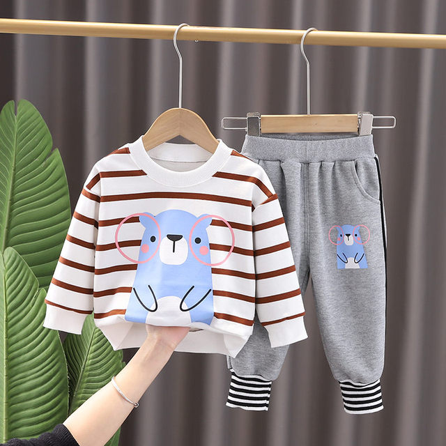 0-5 Years New Spring Children Girls Boys Cartoon Striped T-shirt Sports Pants 2pcs/set Kids Strips Toddler Clothes Cotton Suit