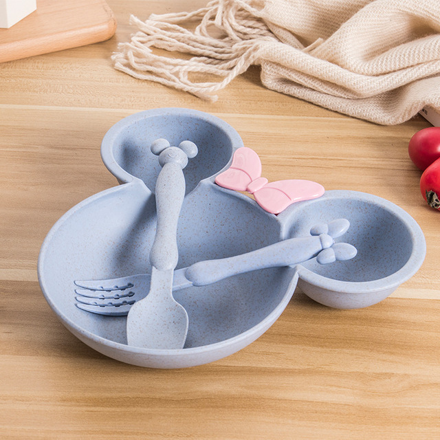 3pcs Wheat Straw Baby Cartoon Tableware Set Dishes Children Kids Dinner Platos Baby Feeding Training Plate Bowl Spoon Fork