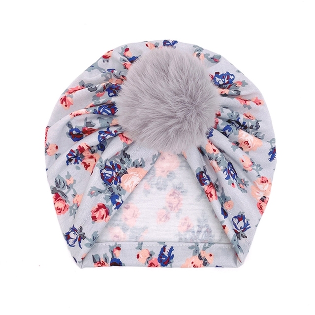 Cute Faux Fur Ball Baby Kids Turban Hat Floral Print Infant Headdress