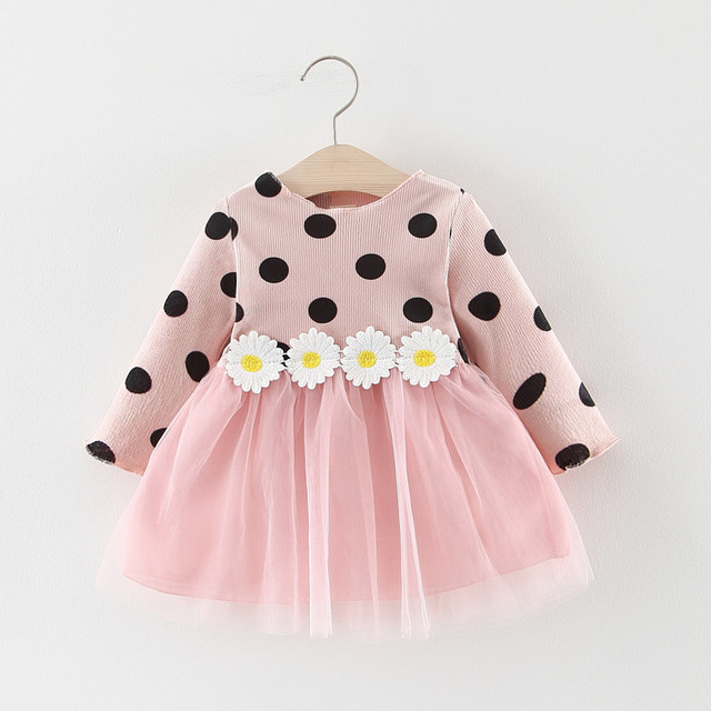 Spring Autumn Infant Baby Girls Dress Cotton Long Sleeve Baby Dress Polka Dot Daisy Flower Baby Autumn Clothes