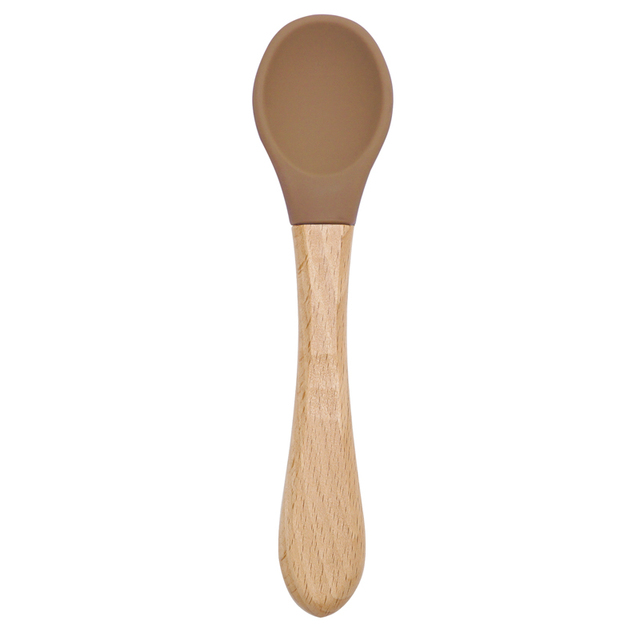 Wooden Feeding Handle Silicone Spoon For Baby Utensils Eat Soild Food Kids Training Ability Manipulation Children's Tableware