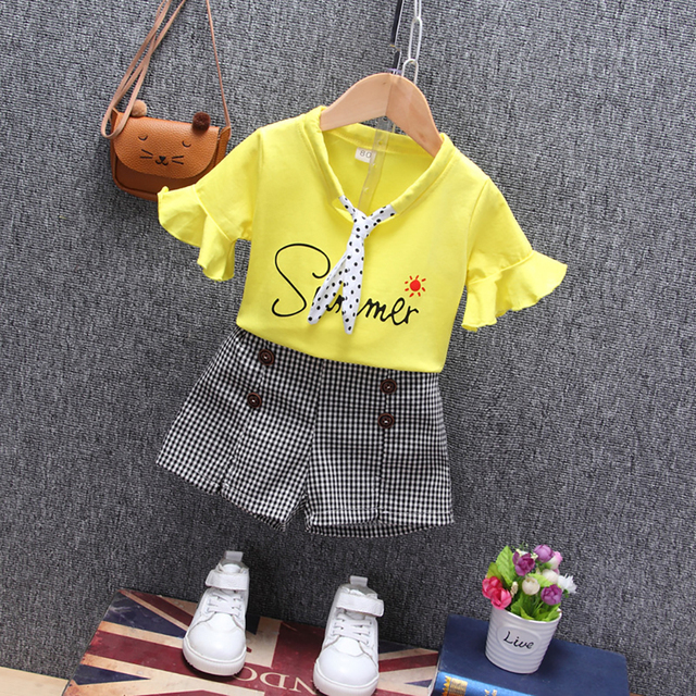 Girl Summer Clothes Set Letter Printed Petal Sleeve T-shirt + Check Short Pants 2 Pieces Suit With Point Necktie For Kids 12M-4Y JYF