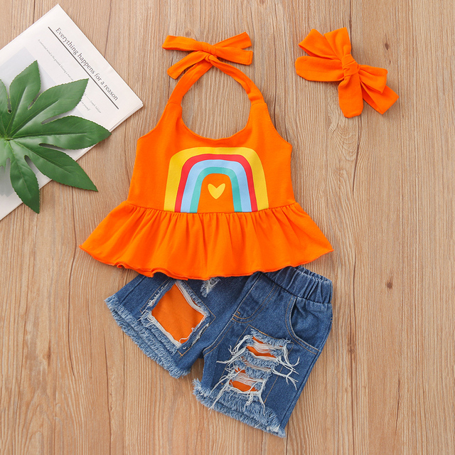 Baby Girl Fashion Clothes Set Rainbow Print Sleeveless Ruffle Blouse Jeans Hole Shorts With Headband Set JYF