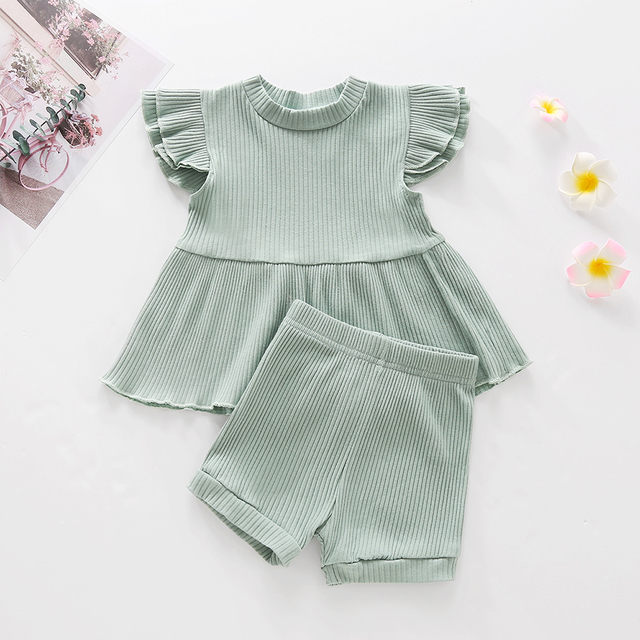 Muababi 1-5Years Children Girls Clothing Sets Summer Kids Girls Ruffles Sleeve Cotton Stripe T-shirt Tops+Shorts Casual Clothes