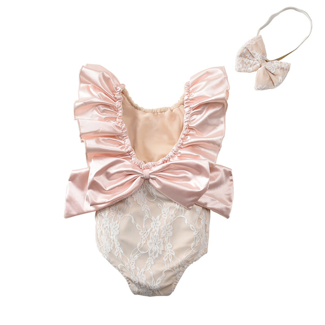 2022 Cute Ruffled Girls Swimwear With Bow Headband Kids Backless Bathing Suit Kids Beachwear