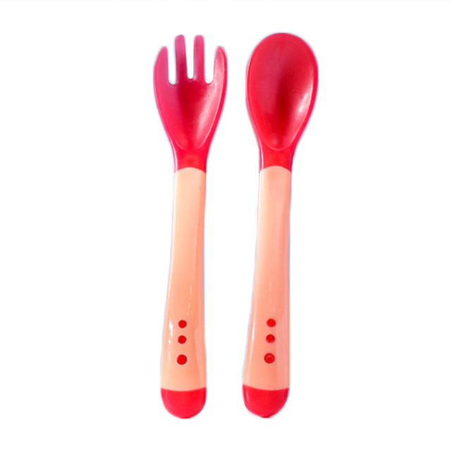 Children spoon and fork baby safety temperature sensor children feeding dishes kitchen spoons for kids