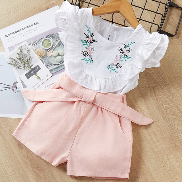 Menoea 2022 New Spring Summer Kids Girls Clothes Sets Fashion Flower Embroidery T-shirts+Bow Shorts 2Pcs Suits Children Clothing