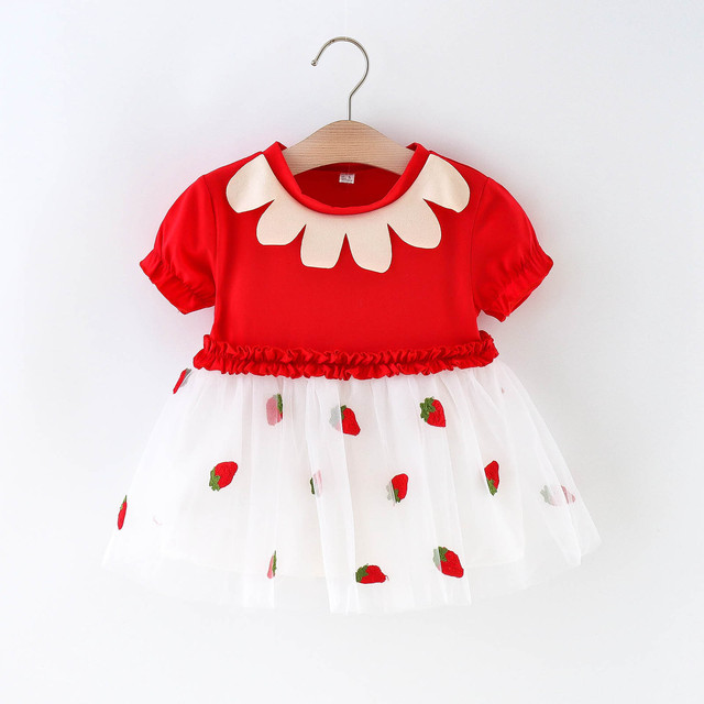 Cute Summer Short Sleeve Strawberry Print Dress Baby Kids Holiday Party Dresses Tulle Princess Dress For Girls