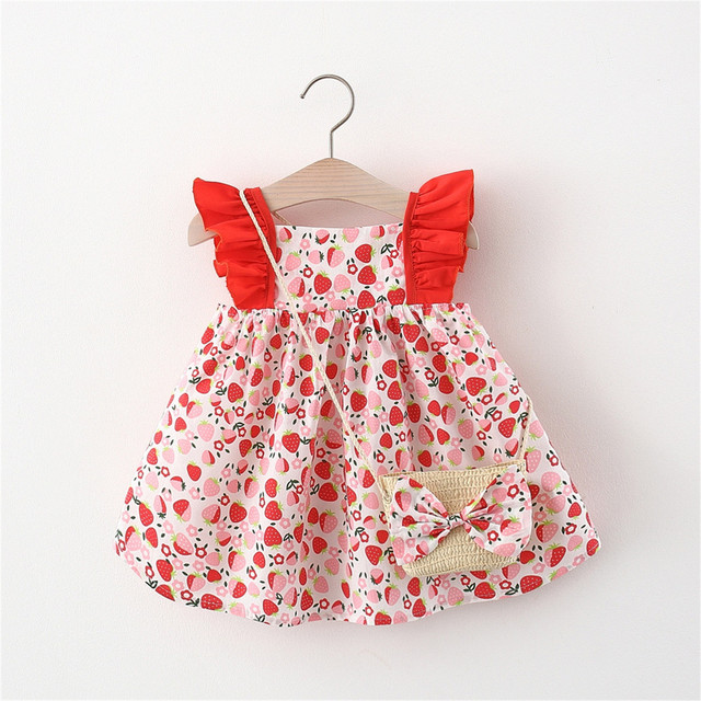 Summer Sleeveless Bowknot Dress Ruffles Floral Print Dress Bag Set Vacation Party Dress Toddler Infant Baby Girls Princess Dress