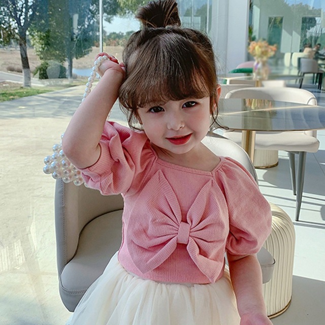 Summer girls cute casual T-shirt baby sweet bubble sleeve princess clothes big bow short sleeve top