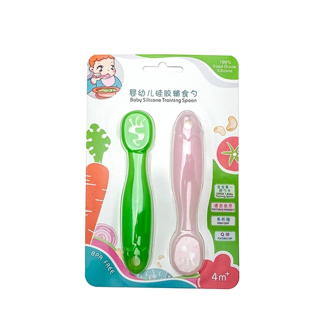 2pcs Lovely Baby Learning Spoon Set Baby Toddler Anti-slip Feeding Training Utensils Tableware Silicone Teether