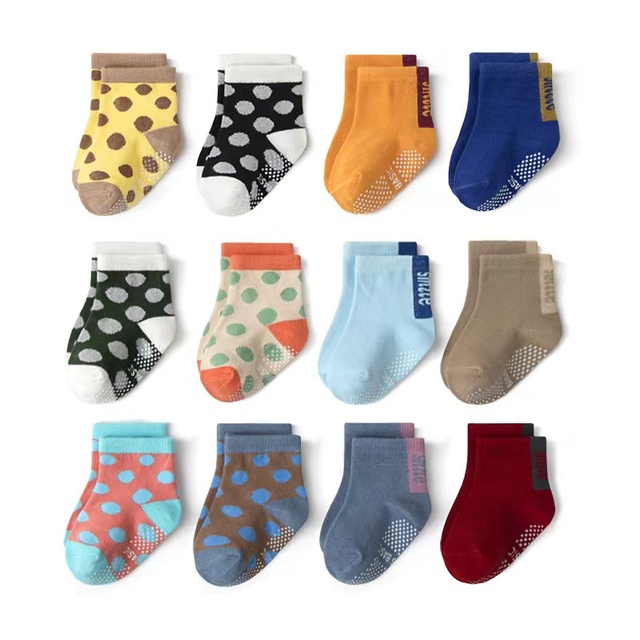 Non-Slip Baby Socks 12 Pairs with Grip for Boys Girls Toddler Infant Kids Anti-Slip Cotton Crew Socks 1-7 Years