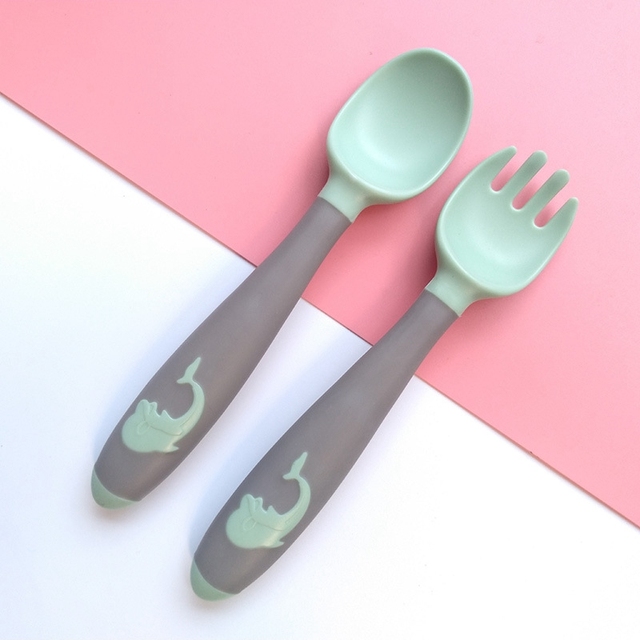 Silicone Baby Spoon Fork Kids Cutlery Set Cartoon Cute Utensil Baby Learning Training Spoon Infant Soft Fork