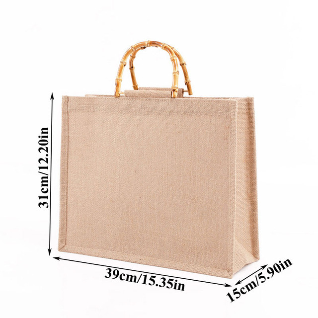 Portable Burlap Shopping Bag Jute Handbag Bamboo Ring Retro Carry Handles DIY Handbag Women Large Size Beach Bag for Girls