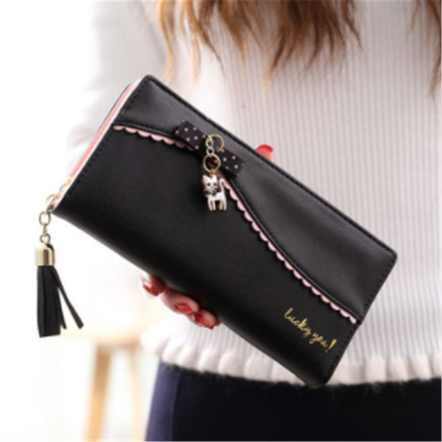 PU long wallet leather wallet women card holder purse sweet bow cute cat pendant tassel ladies clutch phone money coin bag portemonny