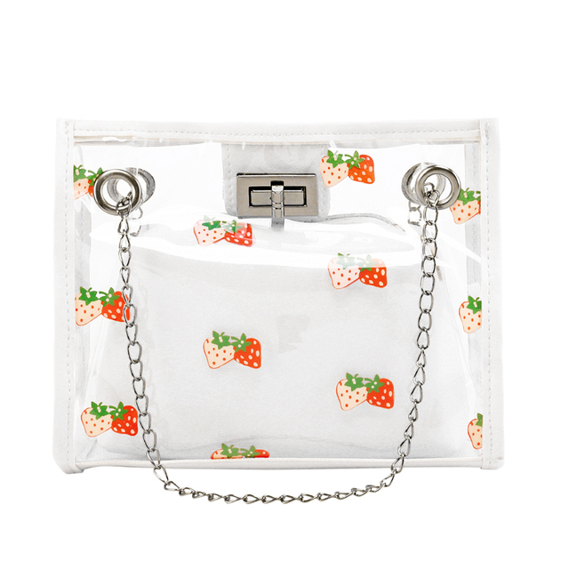 2022 Fashion Women Transparent Sweet Strawberry Pattern Clutches Shoulder Bag Chain Block Color Messenger Handbag Composite Tote