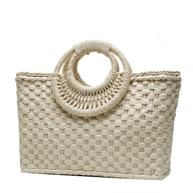 bohemian women summer beach woven straw handbag with round top handle travel vacation weave zipper large top basket bag