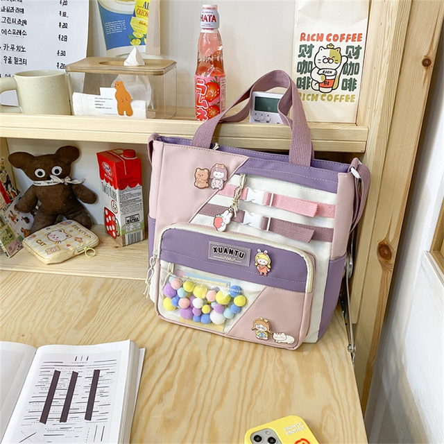 Kawaii Large Capacity Tote Bags Trendy Nylon Patchwork Shoulder School Book Bag For Teen Girls Fashion Student Crossbody Bag Sac