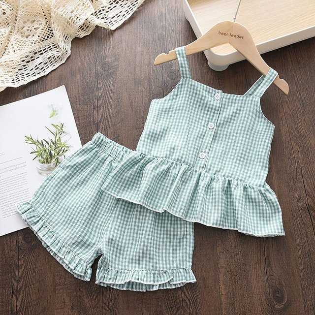 Bear Leader Baby Girls Clothes Sets Summer Plaid Print Girl Sleeveless T-shirts Vest Pants 2pcs Casual Outfits Kids Clothes