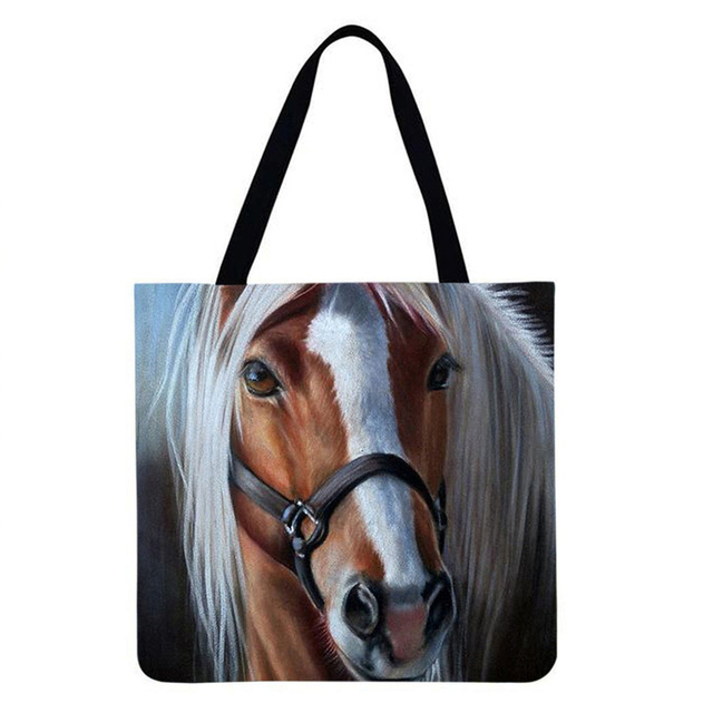 Reusable Linen Shopping Bags Casual Ladies Animal Horse Printed Pattern Tote Square Large Capacity Storage Bag