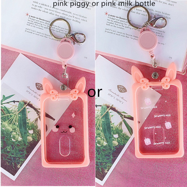 Cute Ear Card Holder Retractable Piggy Milk Bottle Student Card Holder Bus Pass Cover Keychain Card Badge Storage Bag