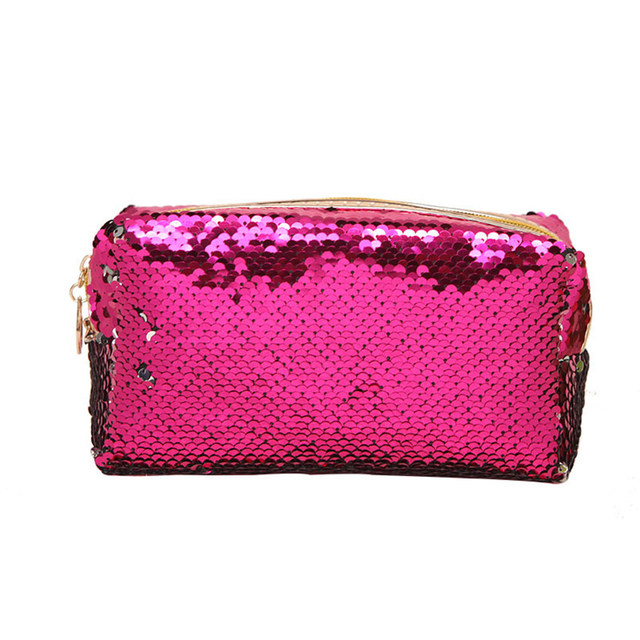 Small Embroidery Cosmetic Bag Women Girls Portable Makeup Bag with Shiny Sequins Travel Organizer Zipper Box