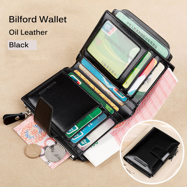 Men's Genuine Leather RFID Blocking Trifold Wallet Short Vintage Multifunctional Credit Card Holder Coin Zipper Pocket Money Bags