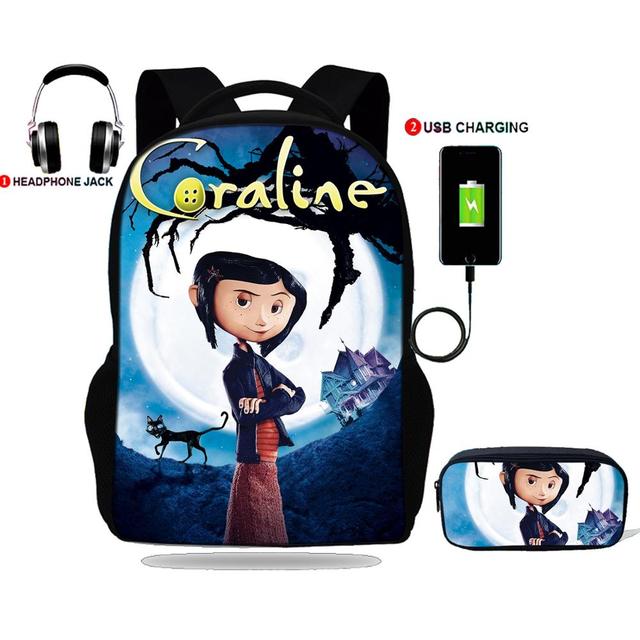 حقيبة ظهر للمراهقين ، طباعة Coraline ، حقيبة مدرسية ، شحن USB ، للمدرسة