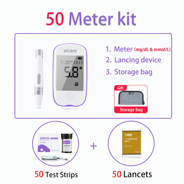 AICARE Blood Glucose Meter Glucometer Diabetic 50/100 Test Strips Lancets Blood Sugar Meter Monitor Medical Devices Tester