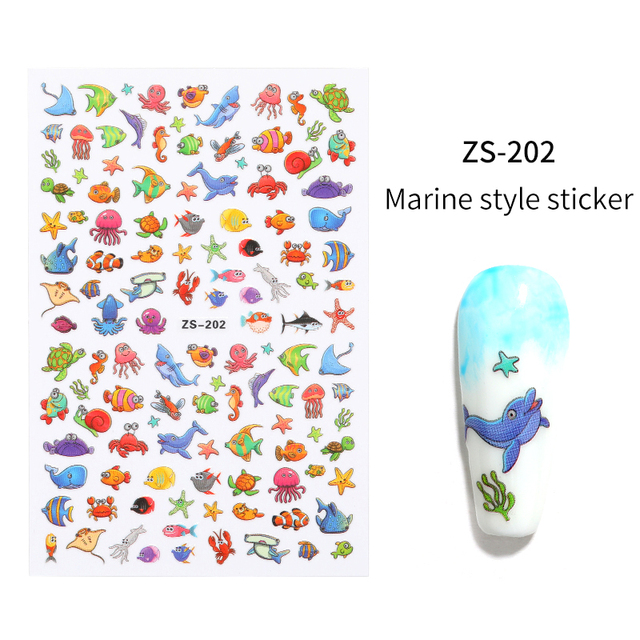 LEAMX Ocean Cute Glitter Laser Nail Art Marine Animal Shell Turtle Fish Starfish Nail Sticker Slider 9D Nail Sticker Decoration