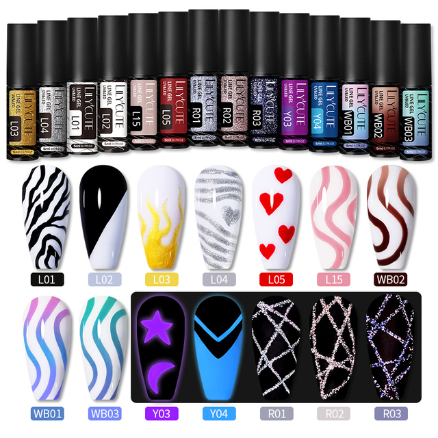 LILYCUTE 14 Colors 5ml Polish Line Gel Kit Nail Art Design UV/LED Nail Polish Drawing Polish DIY Painting Varnish Liner Gel