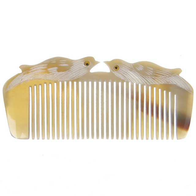 New luxury natural horn hair comb craft with mandarin duck carvings handle