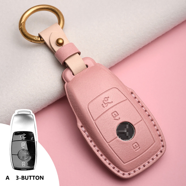 Lady Genuine Cowhide Leather Car Key Case Cover Hot Pressing Protection Shell For Mercedes Benz Hand Made Car Accessories Key Chain