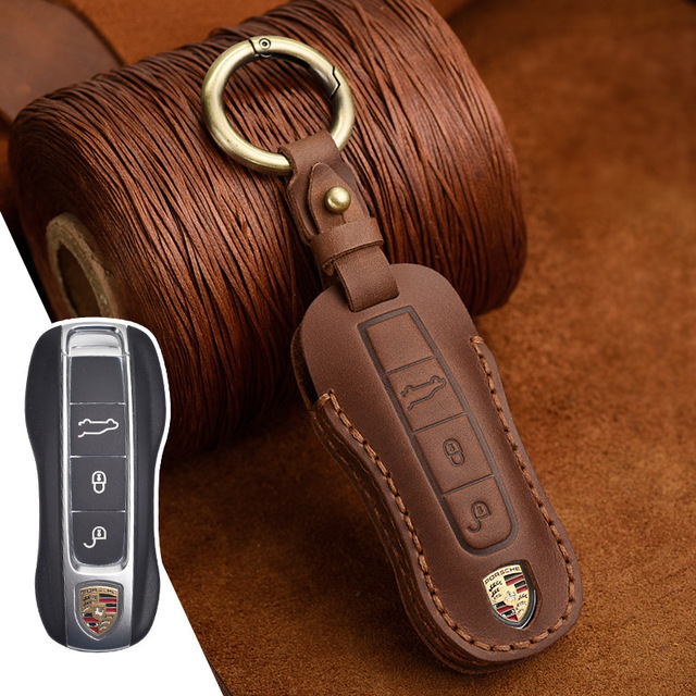 Leather Key Cover Case Car Accessories Fob Protector For Porsche Cayenne Pamela Macan 718 Panamera Keychains Holder Bag Keyring