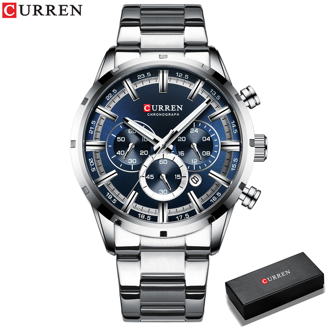 Curren Men's Watch Blue Dial Stainless Steel Band Date Business Men's Watches Waterproof Luxuries Men Wrist Watches for Men