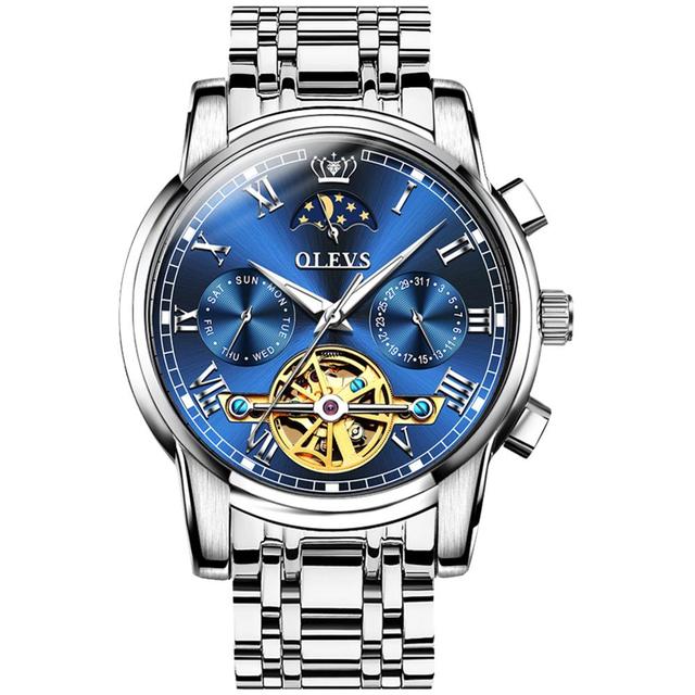 OLEVS-Men's Mechanical Watch, Classic, Water Resistant, Stainless Steel, Skeleton, Mechanical