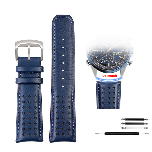 For Citizen Blue Angel Men Radio Wave Watch AT8020-54L/8020-03L/JY8078 Curved End Genuine Leather Watchband Watch Band 22 23